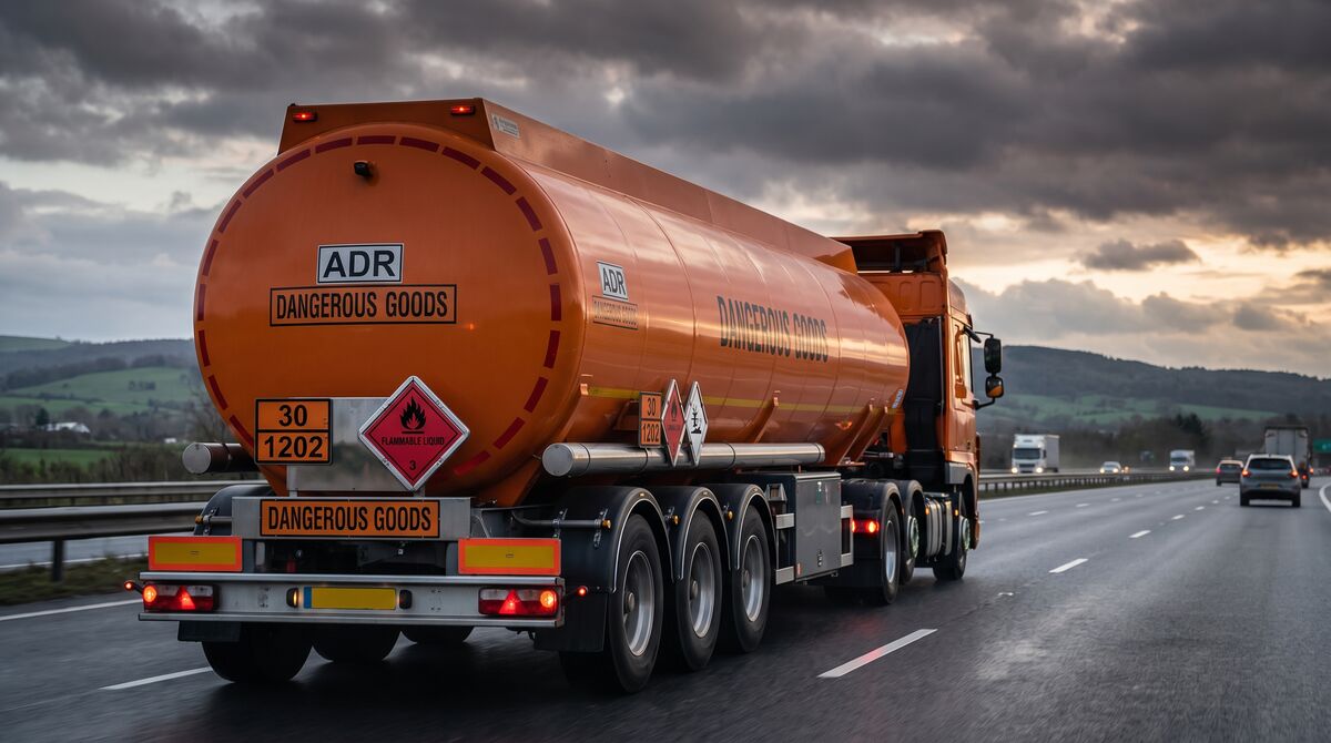 Camion citerne ADR transport de marchandises dangereuses sur autoroute européenne