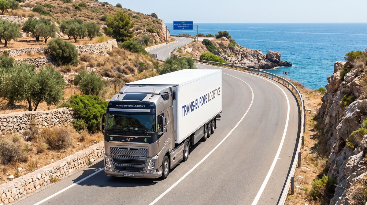 Camion sur la route côtière méditerranéenne entre la France, l'Espagne et l'Italie