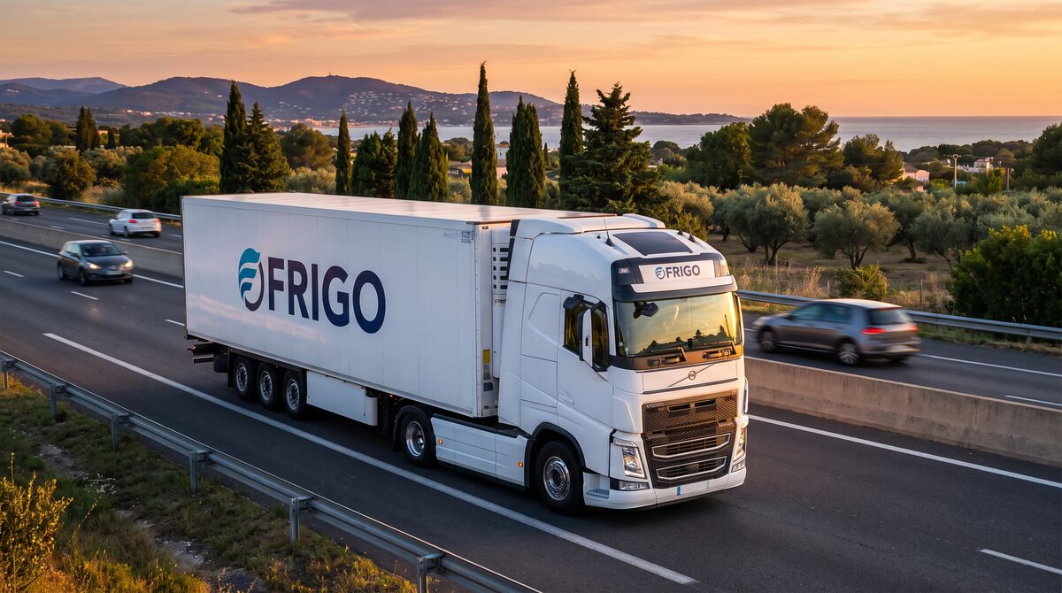 Camion frigorifique Labatut Group sur autoroute française au coucher du soleil
