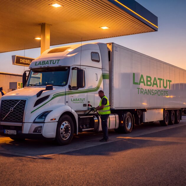 Camion Labatut Transports au ravitaillement en gazole sur une aire d'autoroute, indexation carburant et transport de marchandises