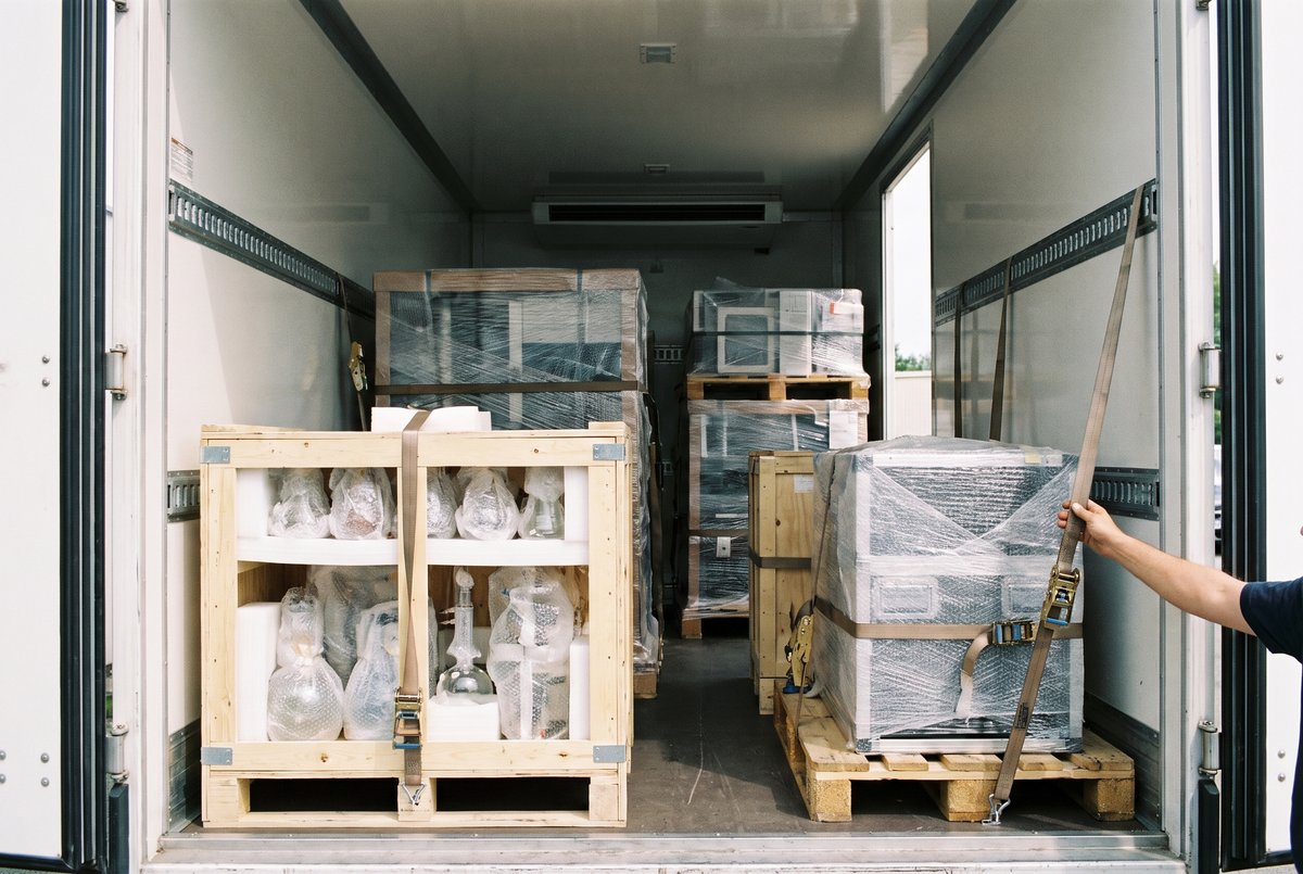 Marchandises fragiles soigneusement emballées dans un camion de transport, protection et calage