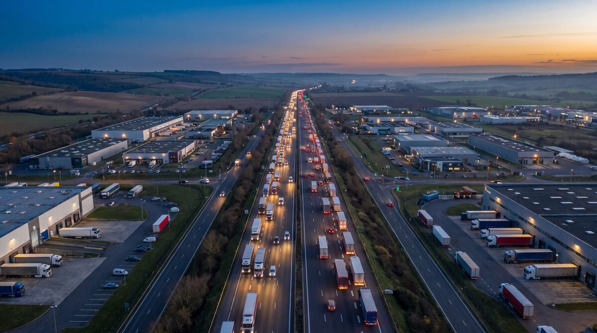 Vue aérienne d'un corridor autoroutier de fret français au crépuscule