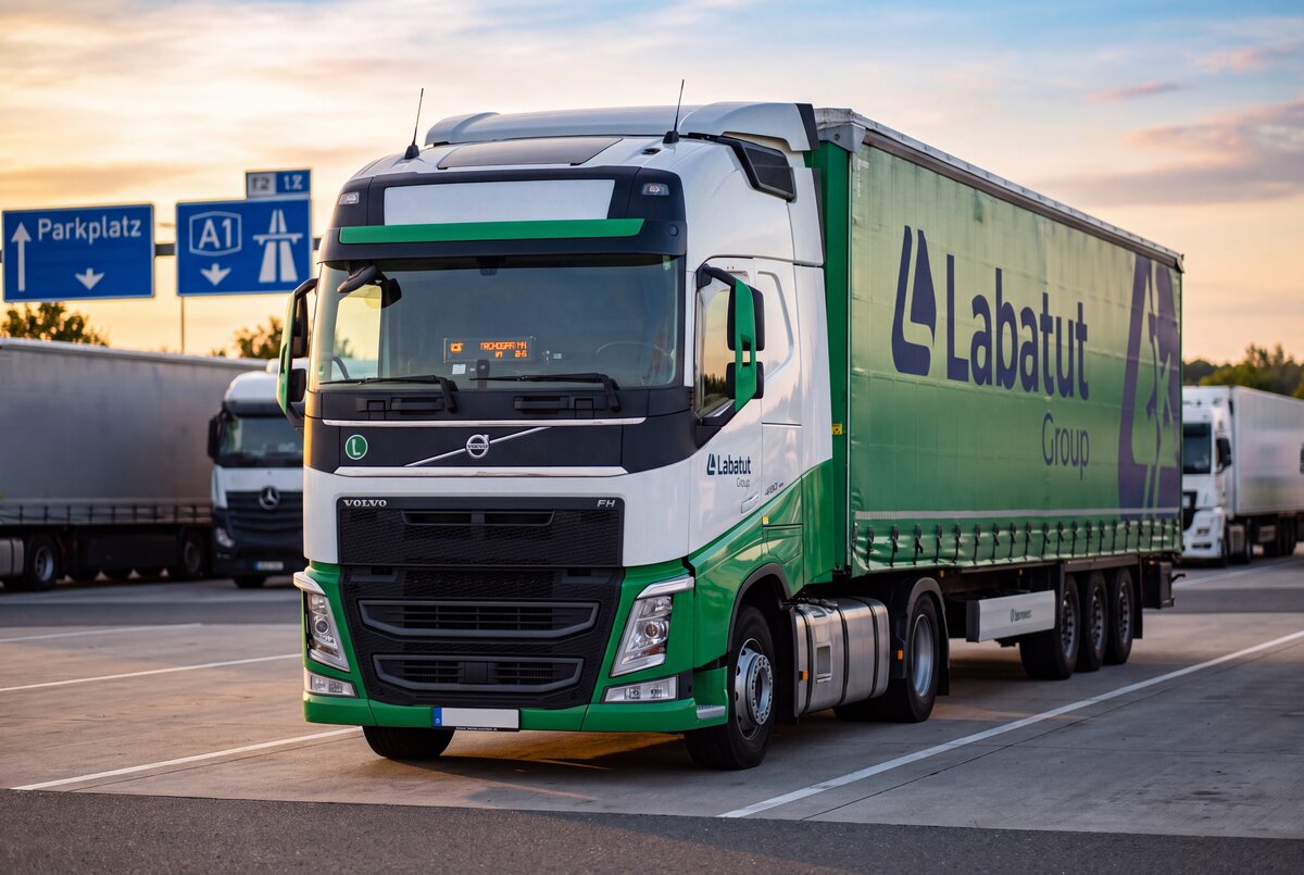 Camion Labatut Transports à une aire de repos au coucher du soleil, illustrant la réglementation sociale du transport routier