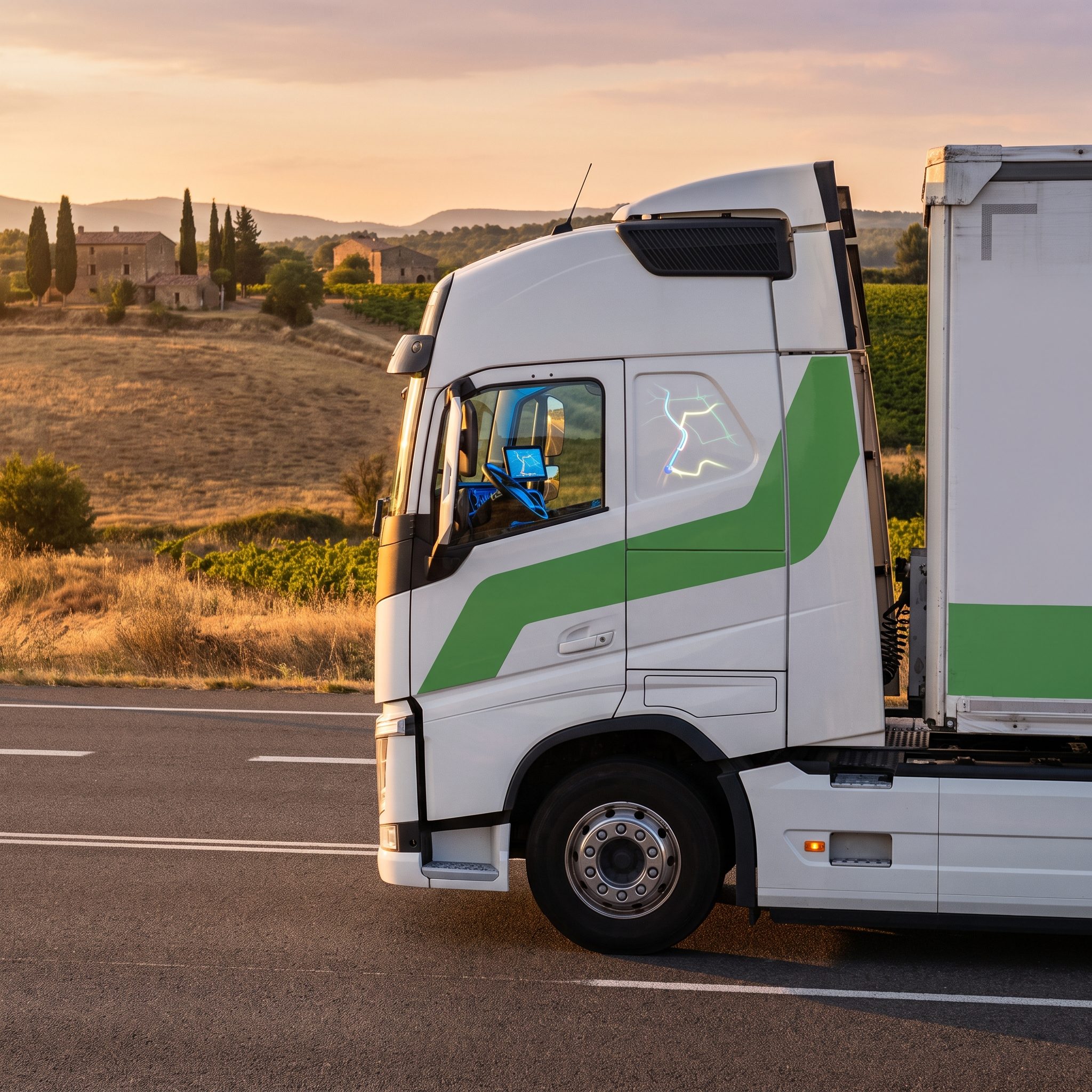 Camion Labatut Group sur route au coucher du soleil, traçabilité des marchandises et suivi en temps réel des expéditions