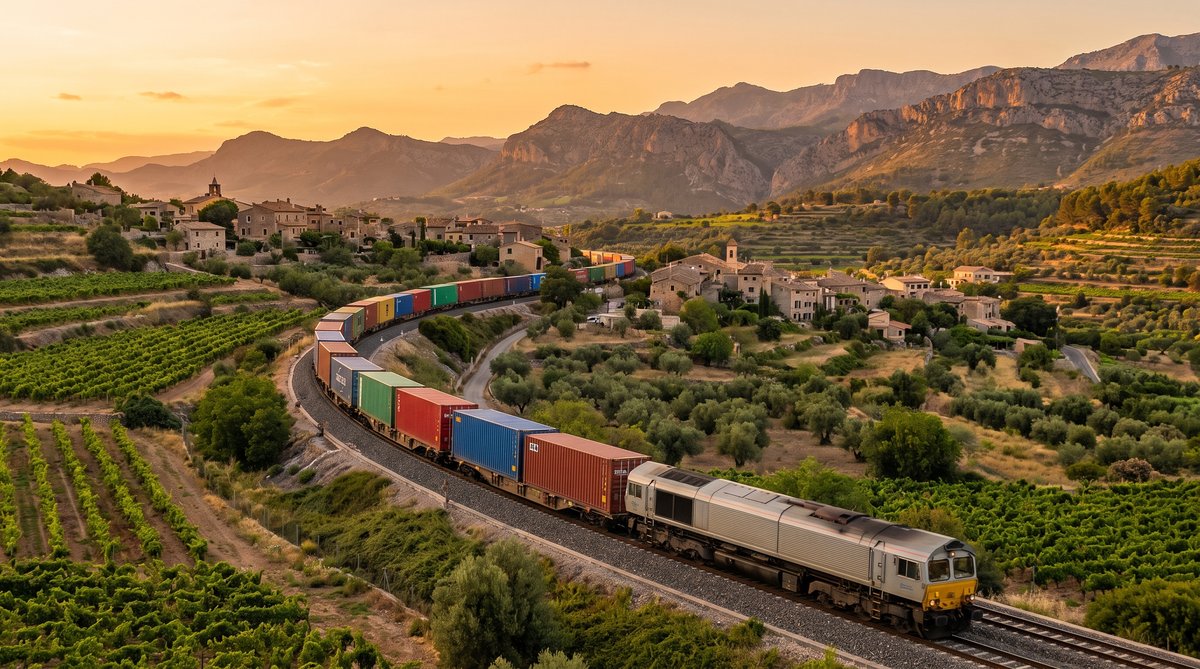 Train de fret transportant des conteneurs colorés dans une vallée rurale au coucher du soleil, transport combiné rail-route