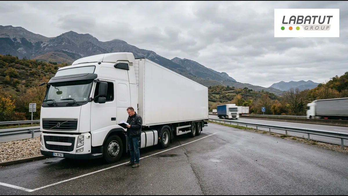 Camion de transport routier sur une aire de repos, contrôle des documents