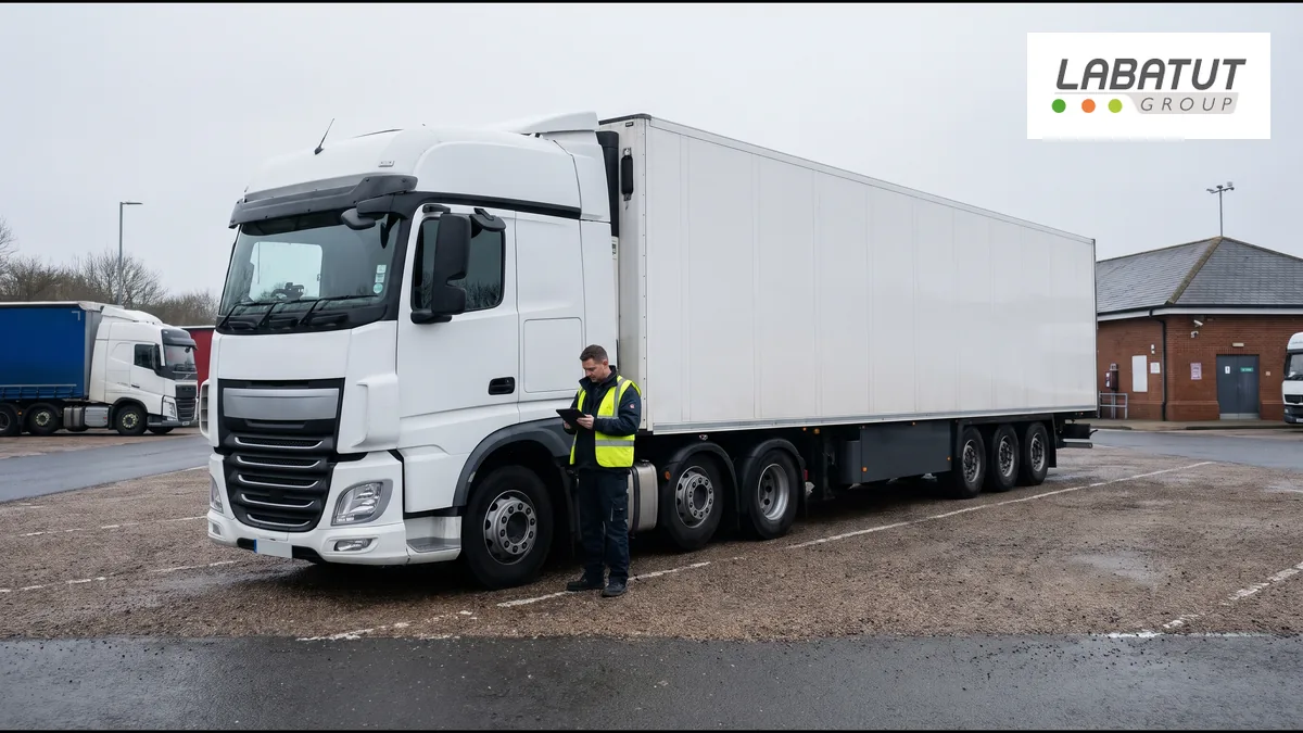 Chauffeur contrôlant sa feuille de route près d un camion