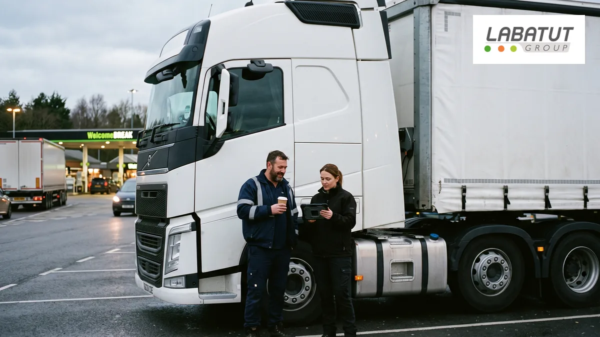 Deux conducteurs devant un camion sur une aire d autoroute, double équipage