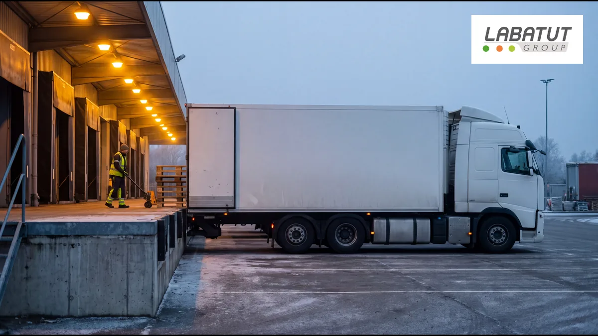 Camion blanc à quai sur une plateforme logistique en hiver, chargement de palettes avant les fêtes