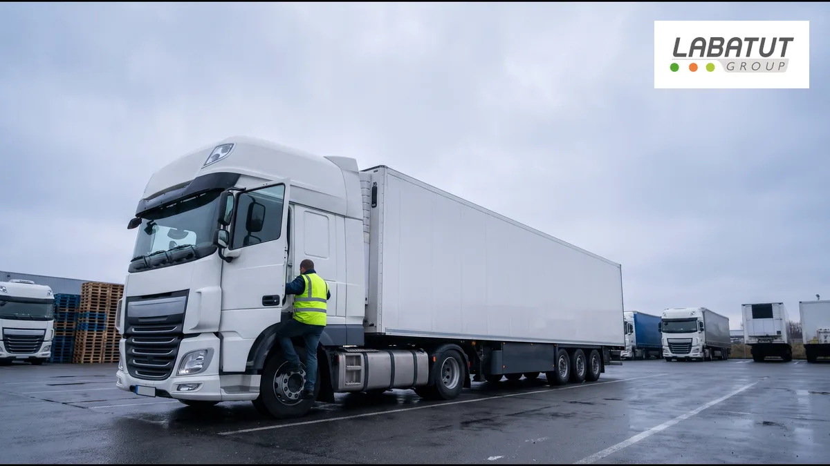 Conducteur montant dans un camion blanc au petit matin sur un parc logistique