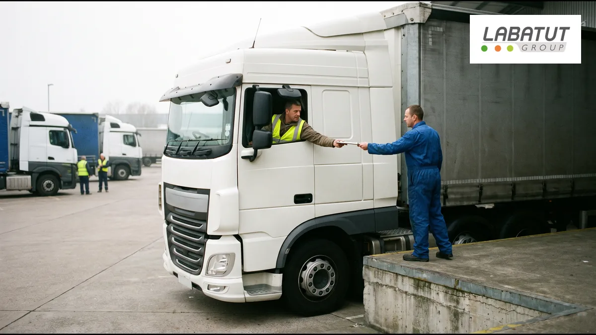 Conducteur remettant un bon de livraison signé à un réceptionnaire sur un quai logistique