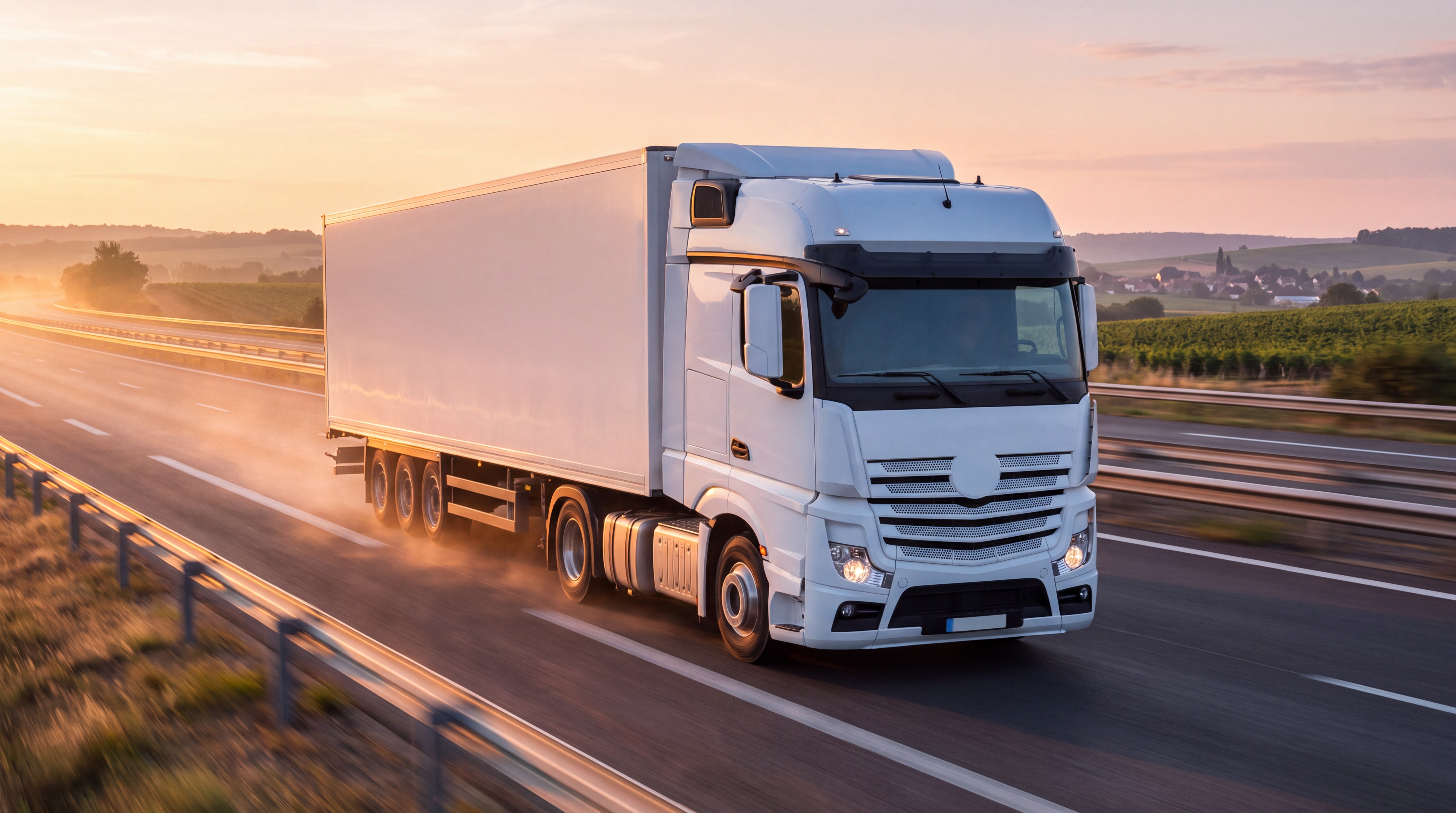 Semi-remorque Labatut Group sur autoroute au lever du soleil, transport express