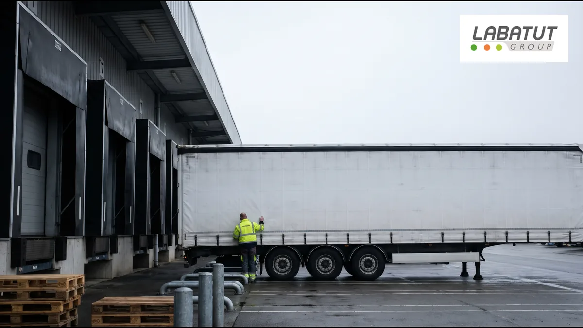 Chauffeur contrôlant la bâche d un semi-remorque à quai